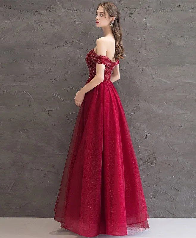 Burgundy Tulle Off Shoulder Long Prom Dress Burgundy Evening Dress