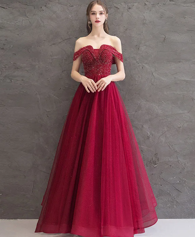 Burgundy Tulle Off Shoulder Long Prom Dress Burgundy Evening Dress