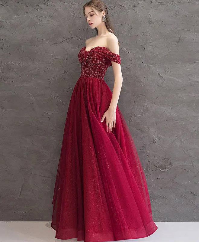 Burgundy Tulle Off Shoulder Long Prom Dress Burgundy Evening Dress