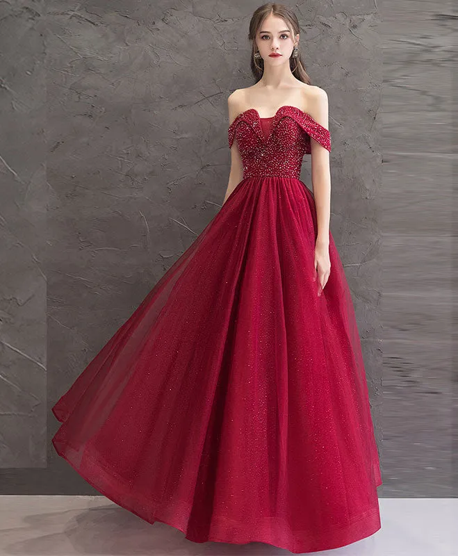 Burgundy Tulle Off Shoulder Long Prom Dress Burgundy Evening Dress