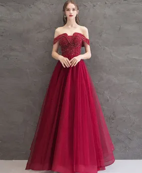 Burgundy Tulle Off Shoulder Long Prom Dress Burgundy Evening Dress