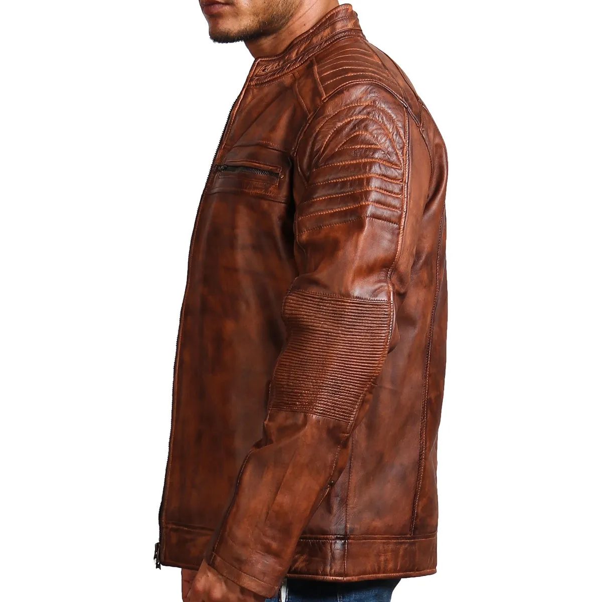 Café Racer Hand-Waxed Brown Leather Jacket for Men