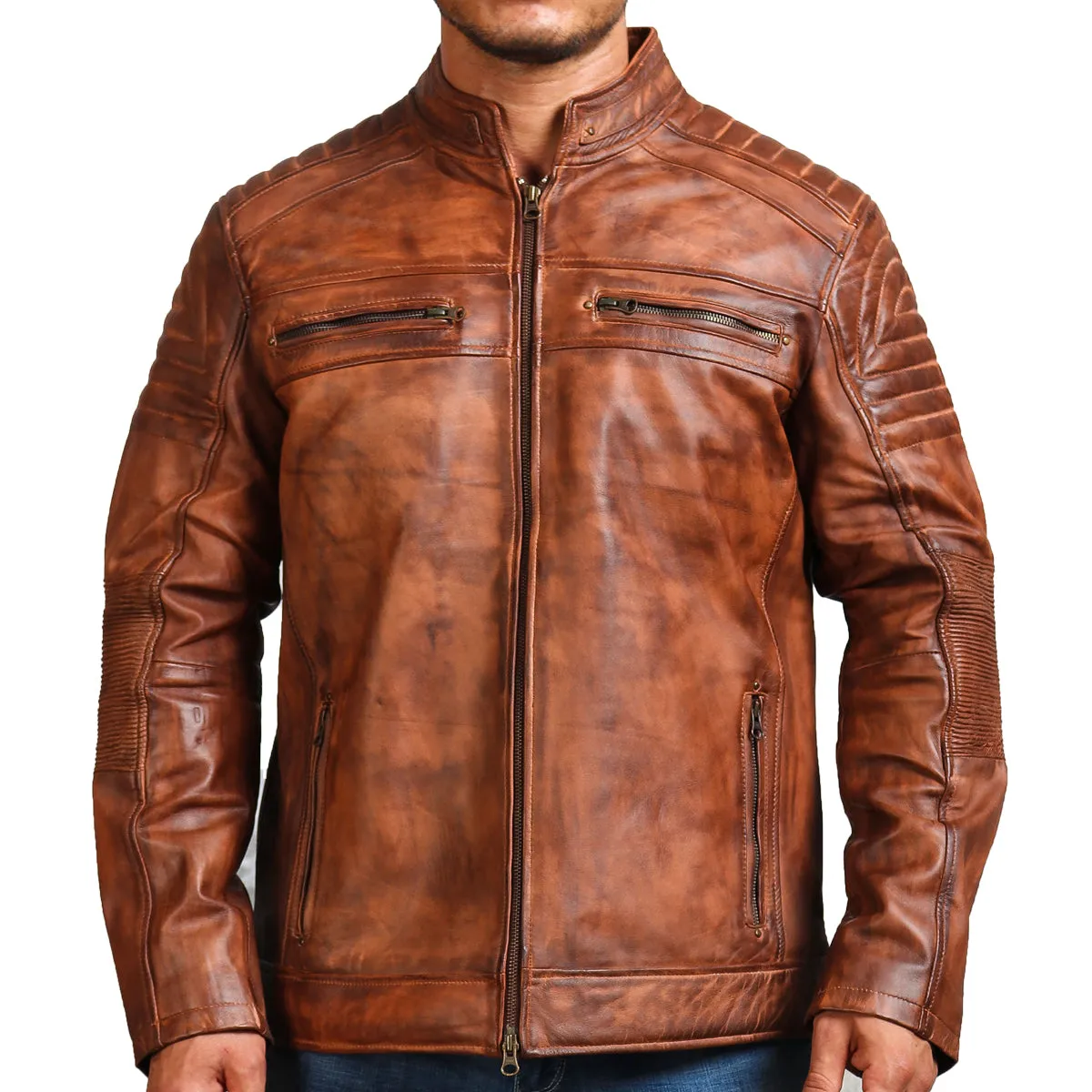 Café Racer Hand-Waxed Brown Leather Jacket for Men