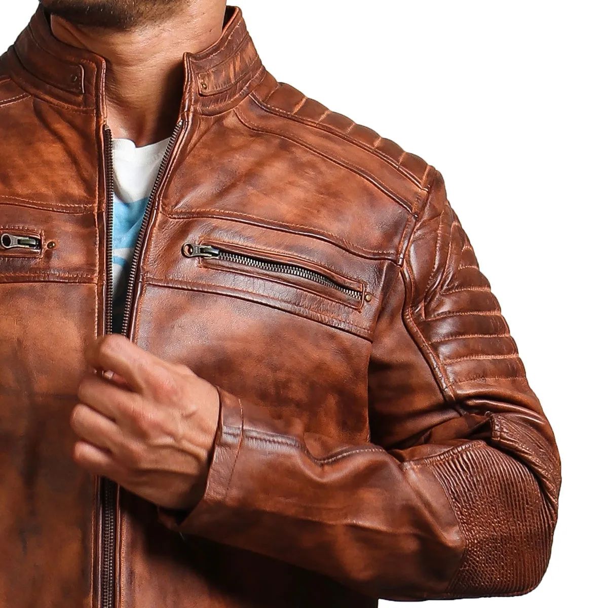 Café Racer Hand-Waxed Brown Leather Jacket for Men
