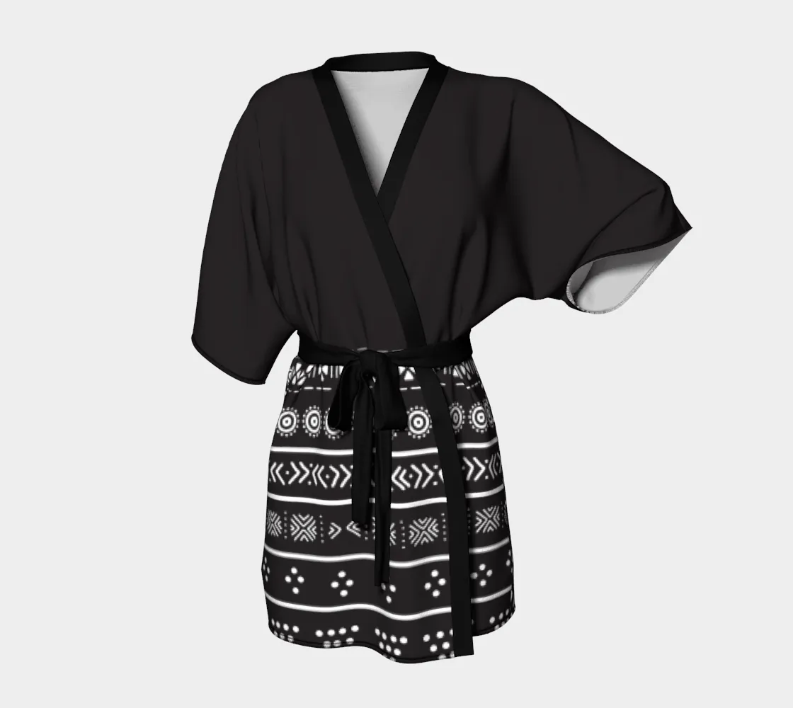Carbon Black Mudcloth Boho Kimono Robe