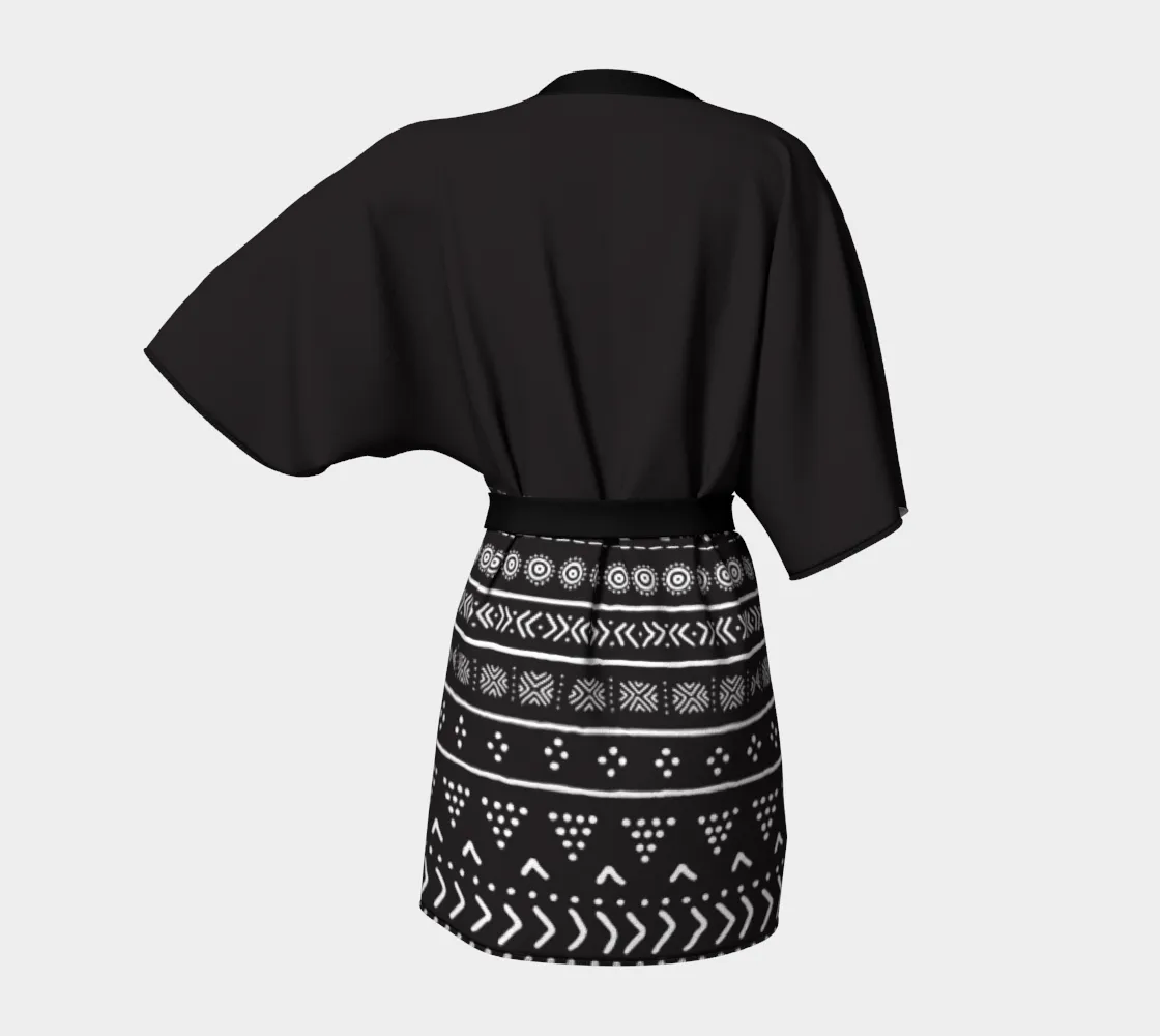 Carbon Black Mudcloth Boho Kimono Robe