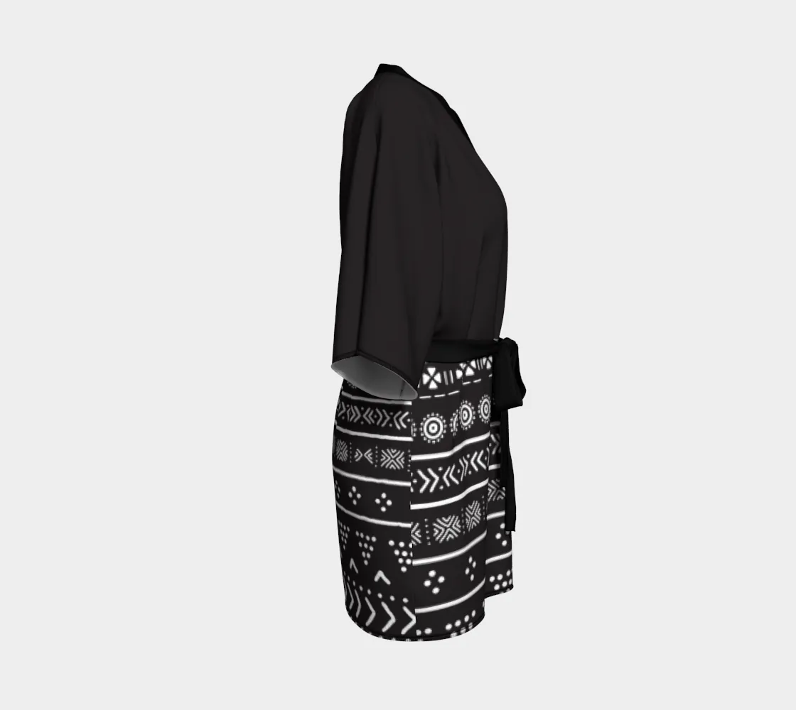 Carbon Black Mudcloth Boho Kimono Robe