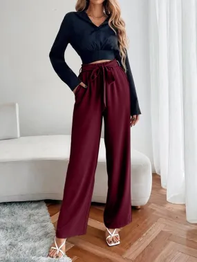 Casual Plain Paper Bag Waist High Waist Long Women Pants