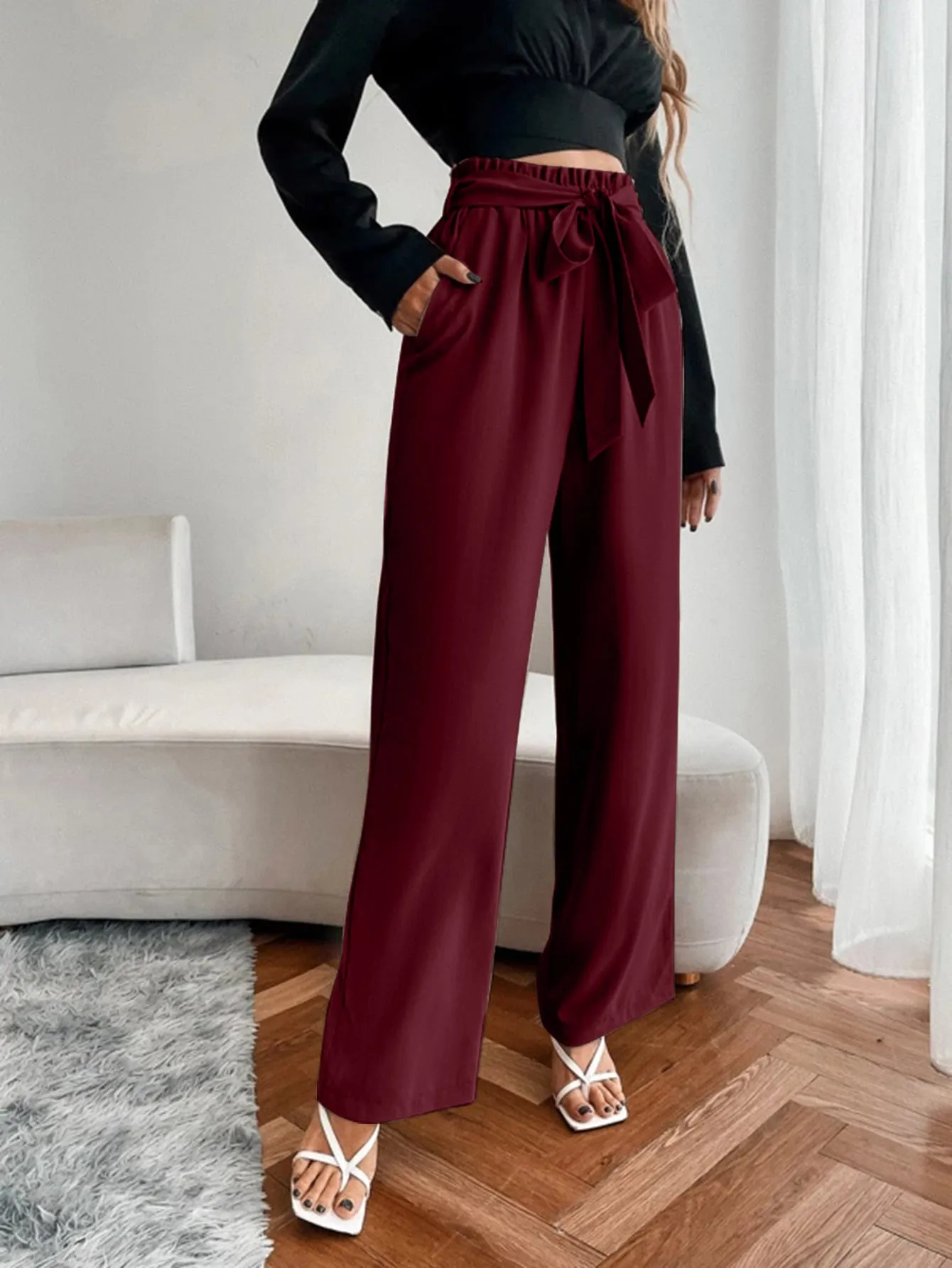 Casual Plain Paper Bag Waist High Waist Long Women Pants