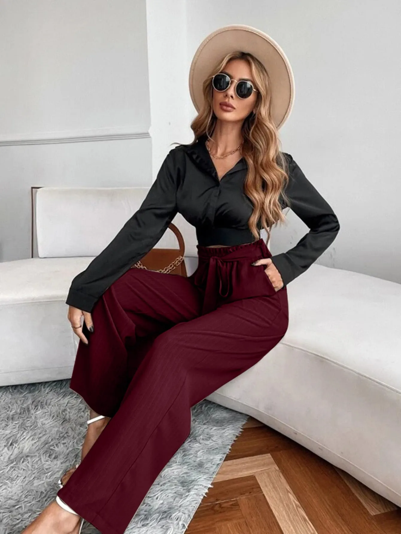 Casual Plain Paper Bag Waist High Waist Long Women Pants