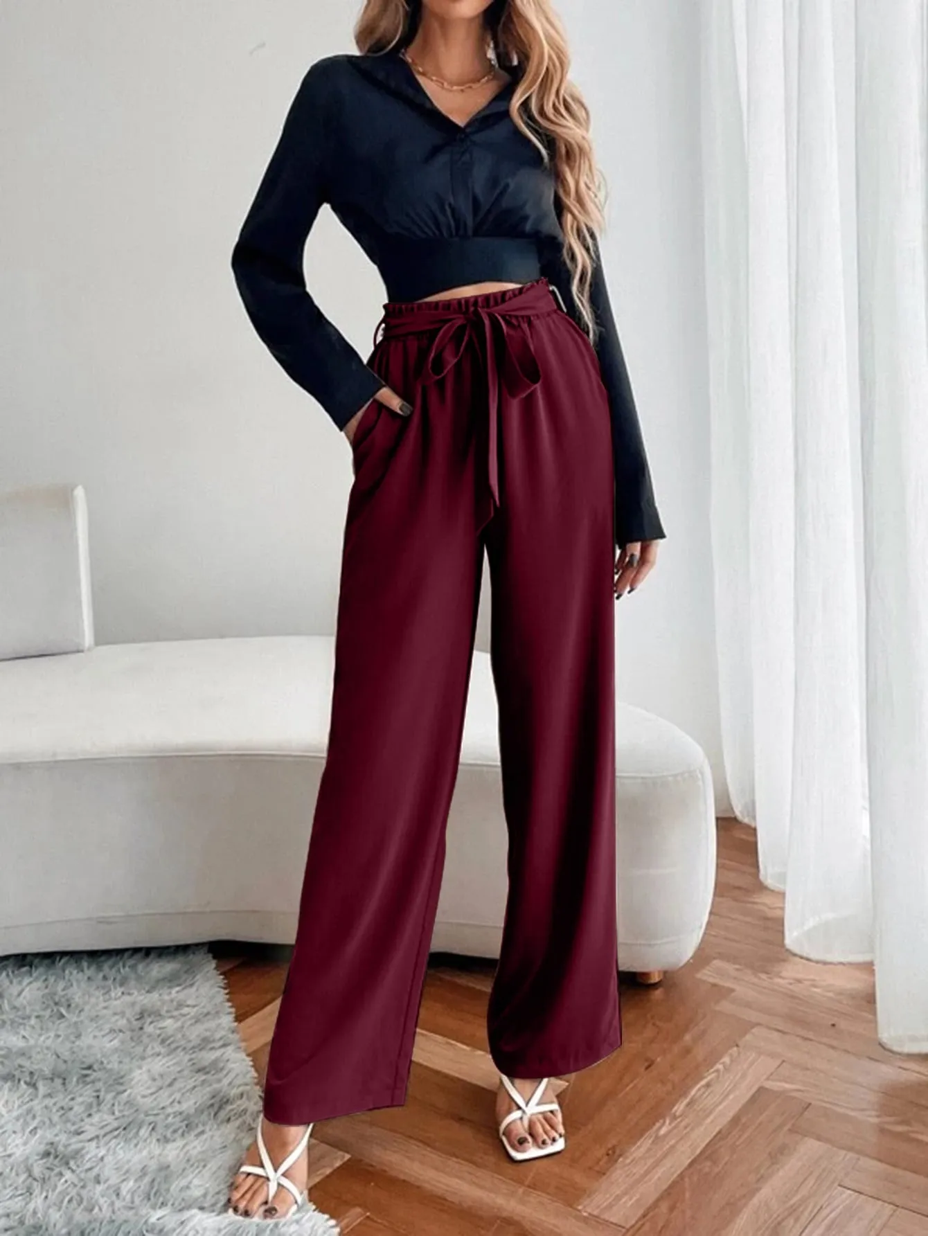 Casual Plain Paper Bag Waist High Waist Long Women Pants