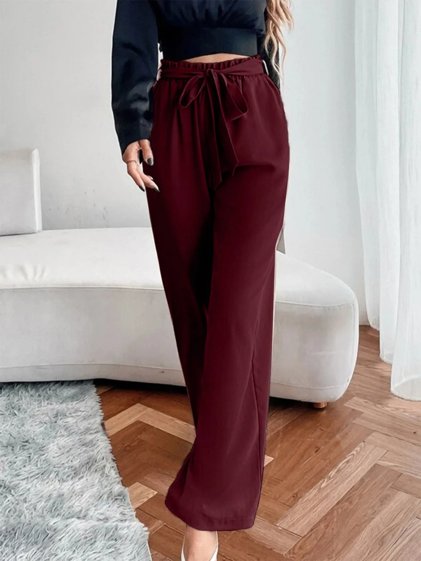 Casual Plain Paper Bag Waist High Waist Long Women Pants
