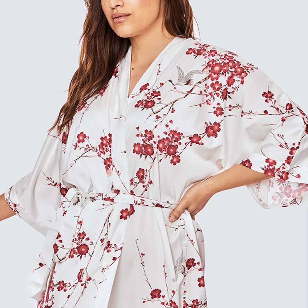 Cherry Blossom & Crane Short Kimono Robe (Plus Size)