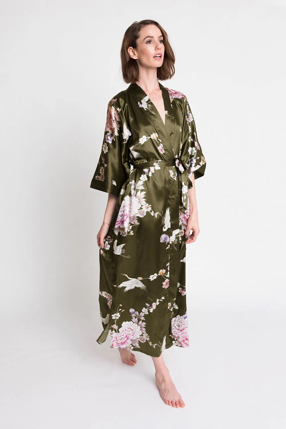 Chrysanthemum & Crane Long Kimono Robe