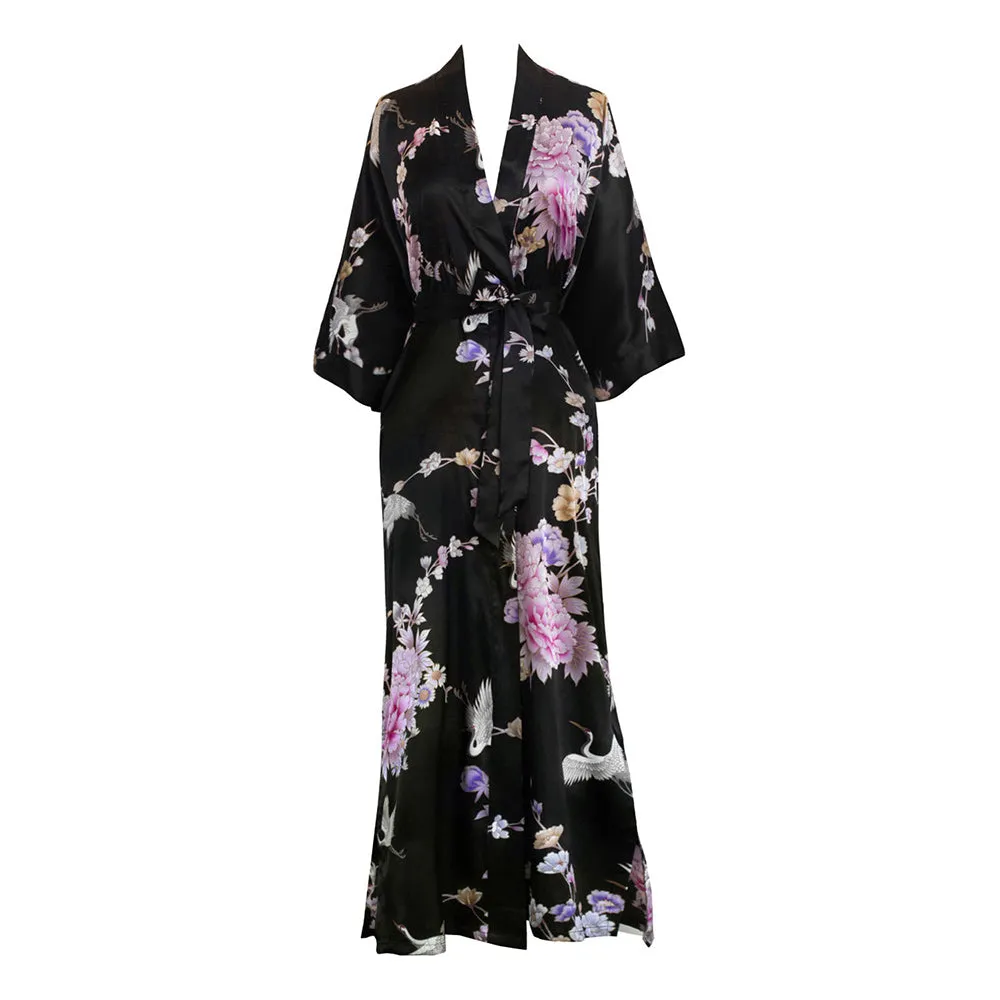 Chrysanthemum & Crane Long Kimono Robe