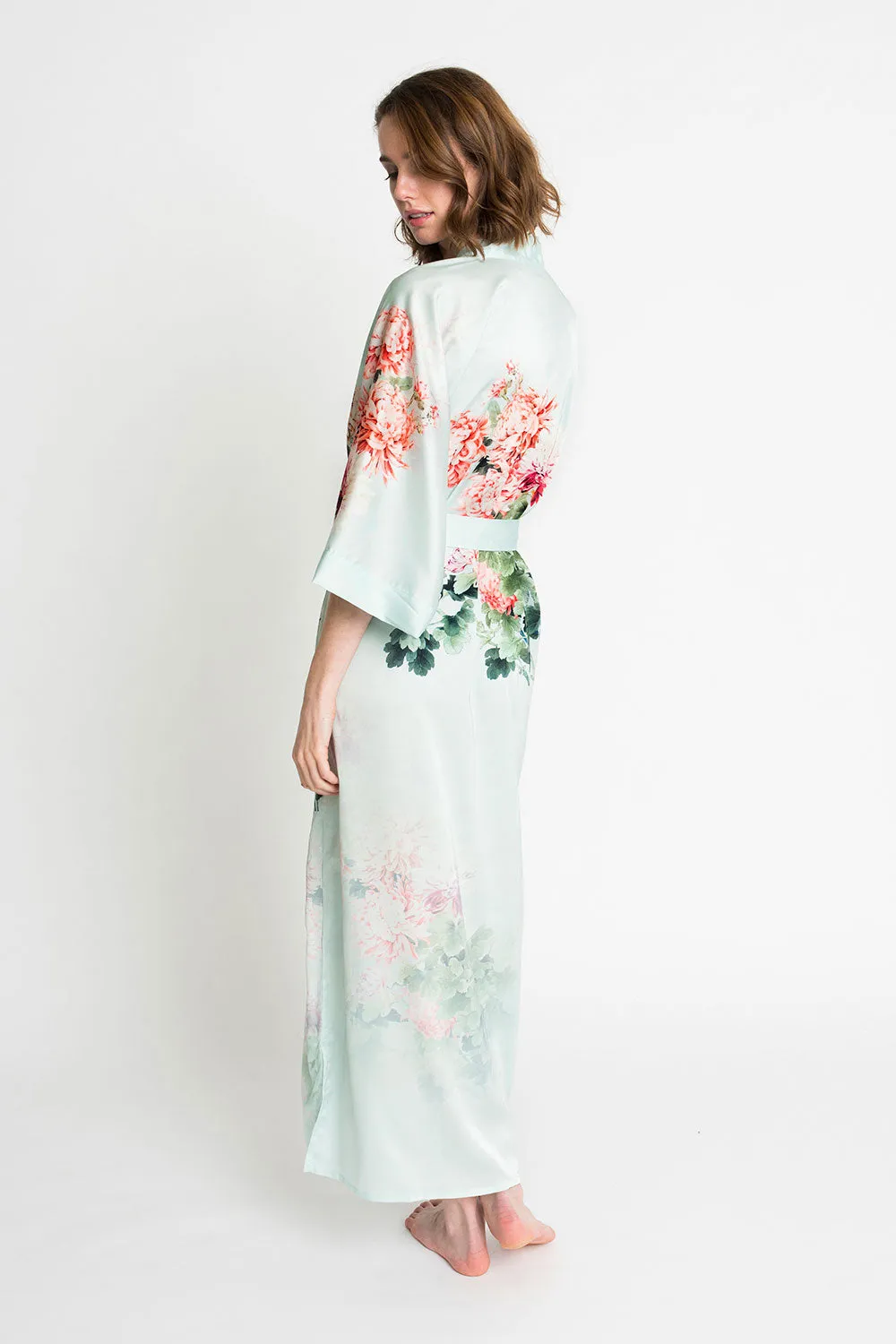 Coral Chrysanthemum Long Kimono Robe