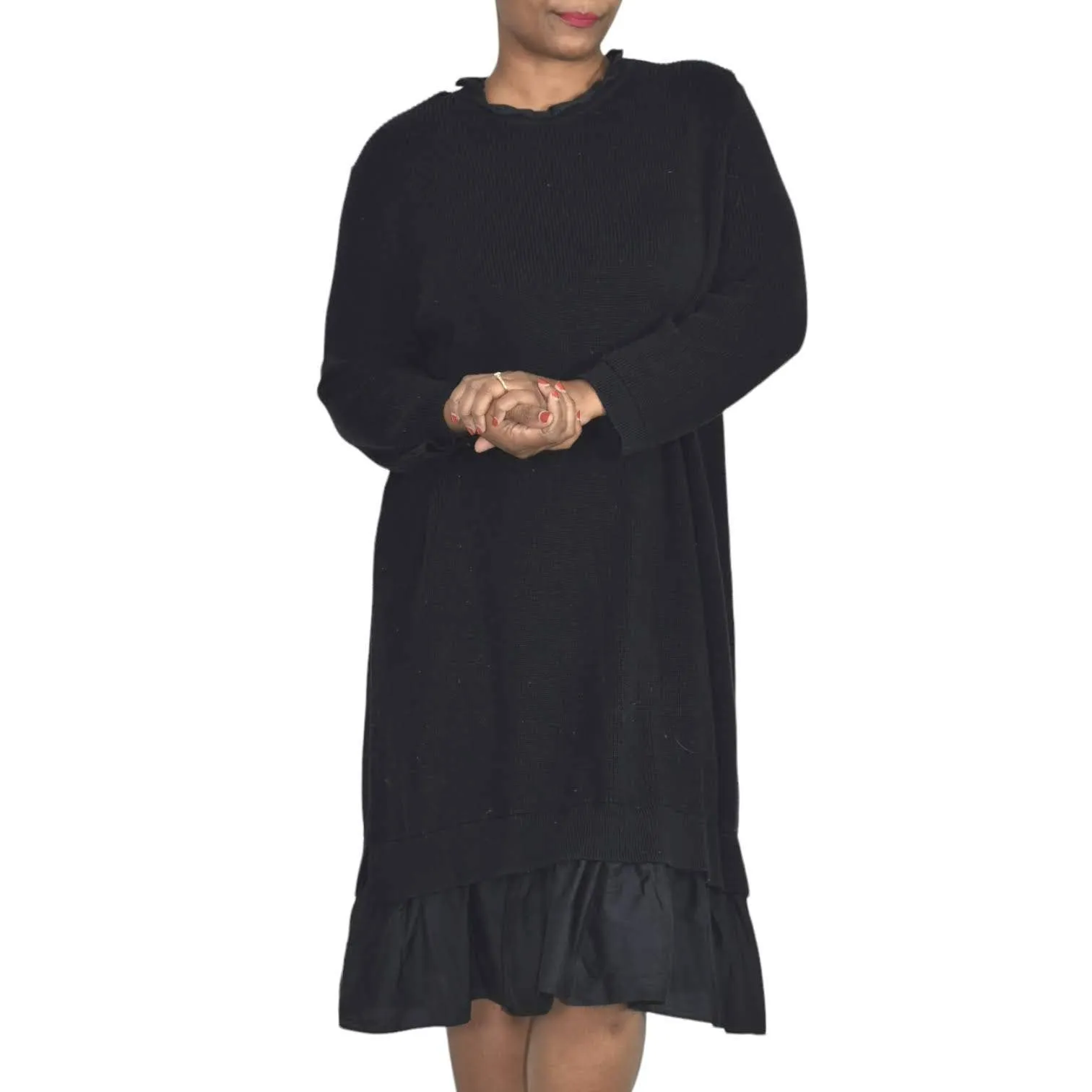 COS Ruffle Hem Sweater Dress Blue Navy Knit Ruched Overlay Layered Size Large