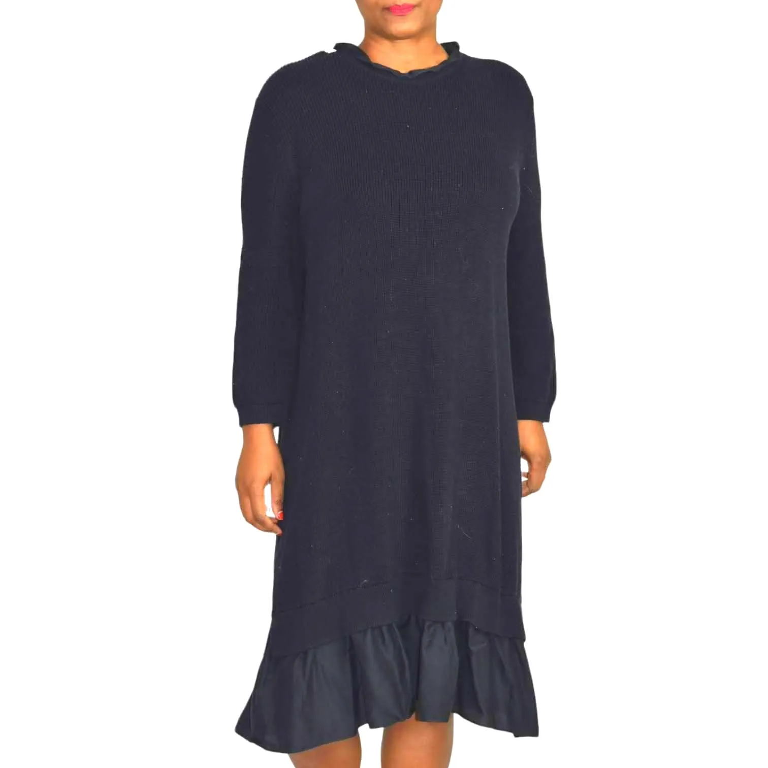 COS Ruffle Hem Sweater Dress Blue Navy Knit Ruched Overlay Layered Size Large