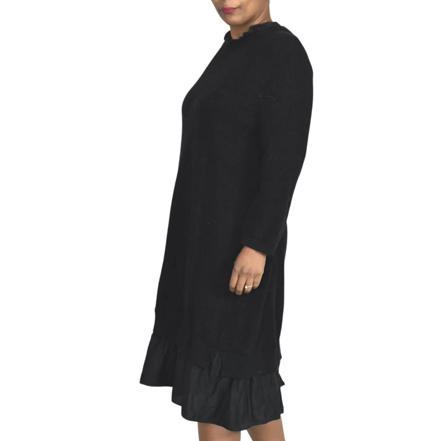 COS Ruffle Hem Sweater Dress Blue Navy Knit Ruched Overlay Layered Size Large