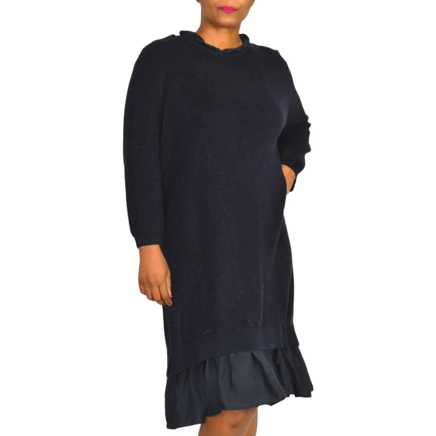 COS Ruffle Hem Sweater Dress Blue Navy Knit Ruched Overlay Layered Size Large