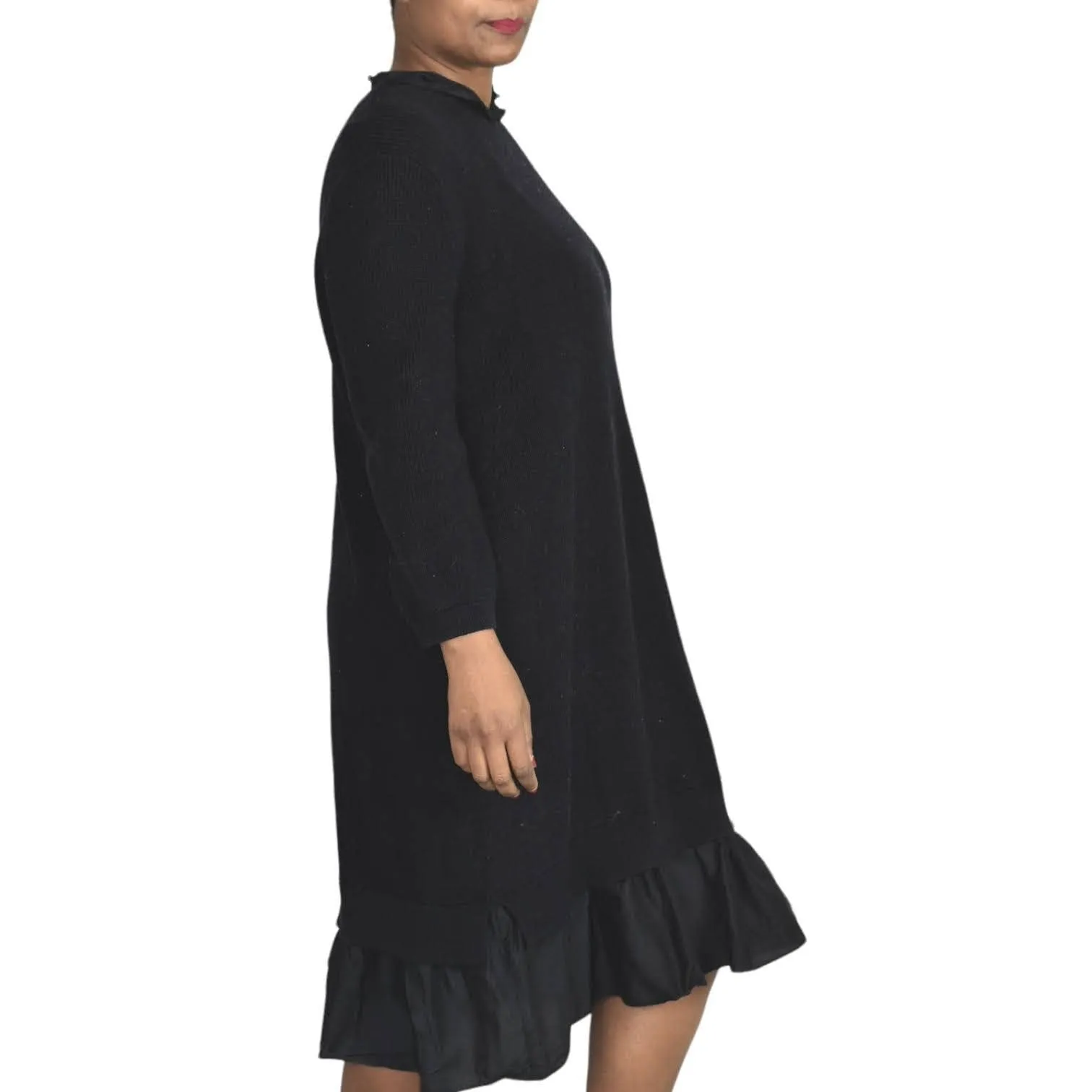 COS Ruffle Hem Sweater Dress Blue Navy Knit Ruched Overlay Layered Size Large