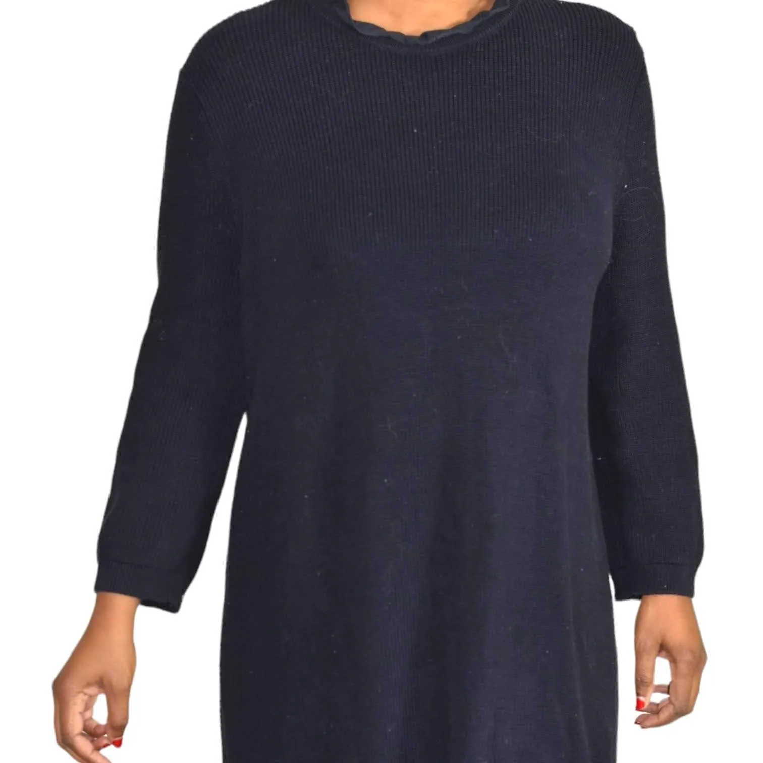 COS Ruffle Hem Sweater Dress Blue Navy Knit Ruched Overlay Layered Size Large