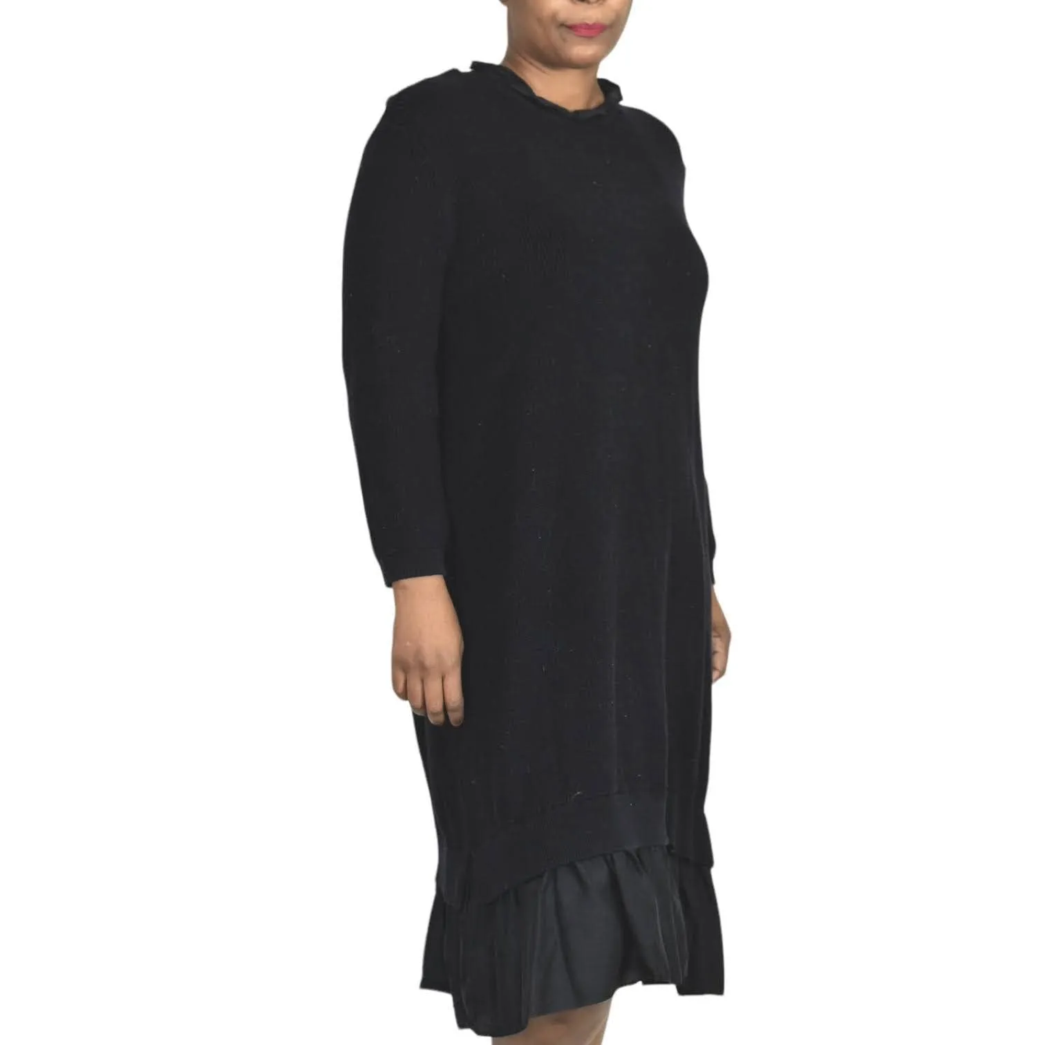 COS Ruffle Hem Sweater Dress Blue Navy Knit Ruched Overlay Layered Size Large
