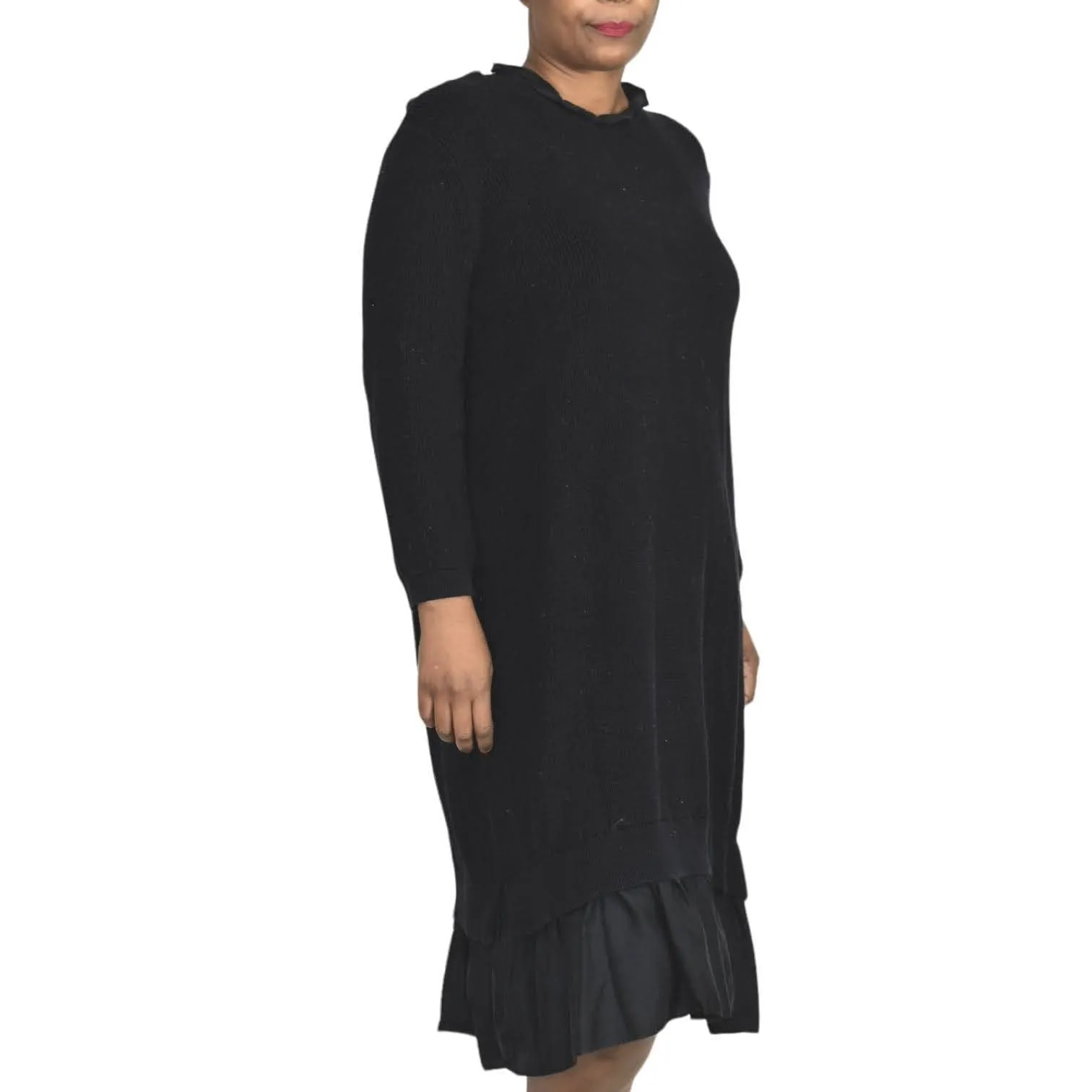 COS Ruffle Hem Sweater Dress Blue Navy Knit Ruched Overlay Layered Size Large