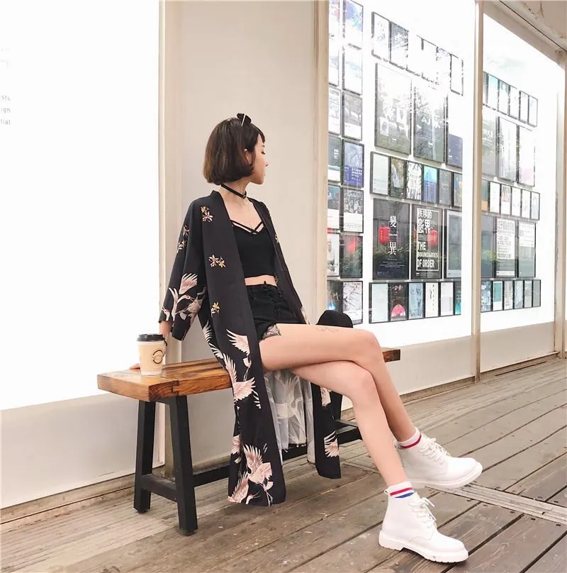 Cranes Print Long Japanese Aesthetic Black Kimono Coat