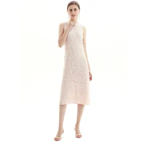 D117-1 Women 3D flower embroidered lace sleeveless straight-cut party midi dress