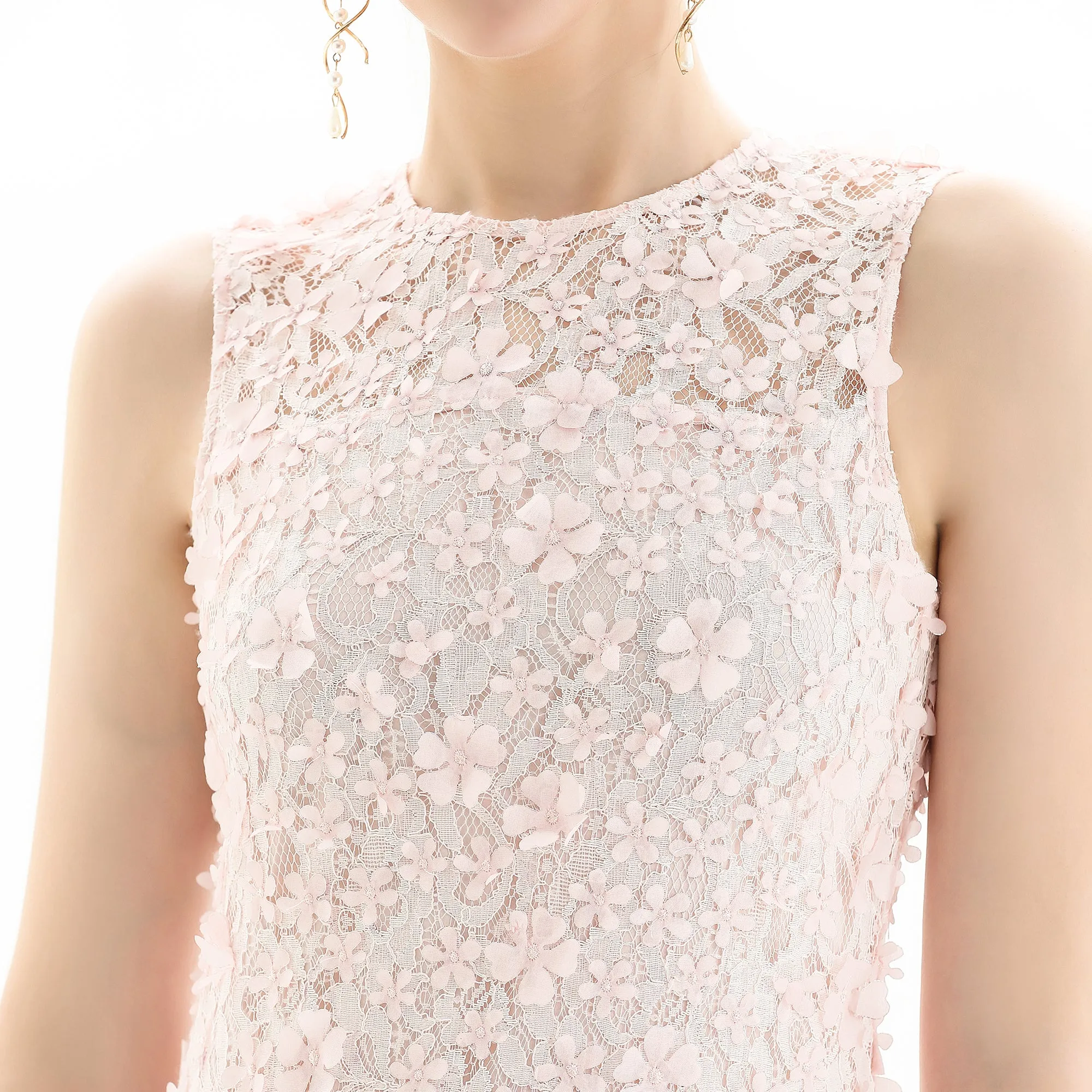 D117-1 Women 3D flower embroidered lace sleeveless straight-cut party midi dress