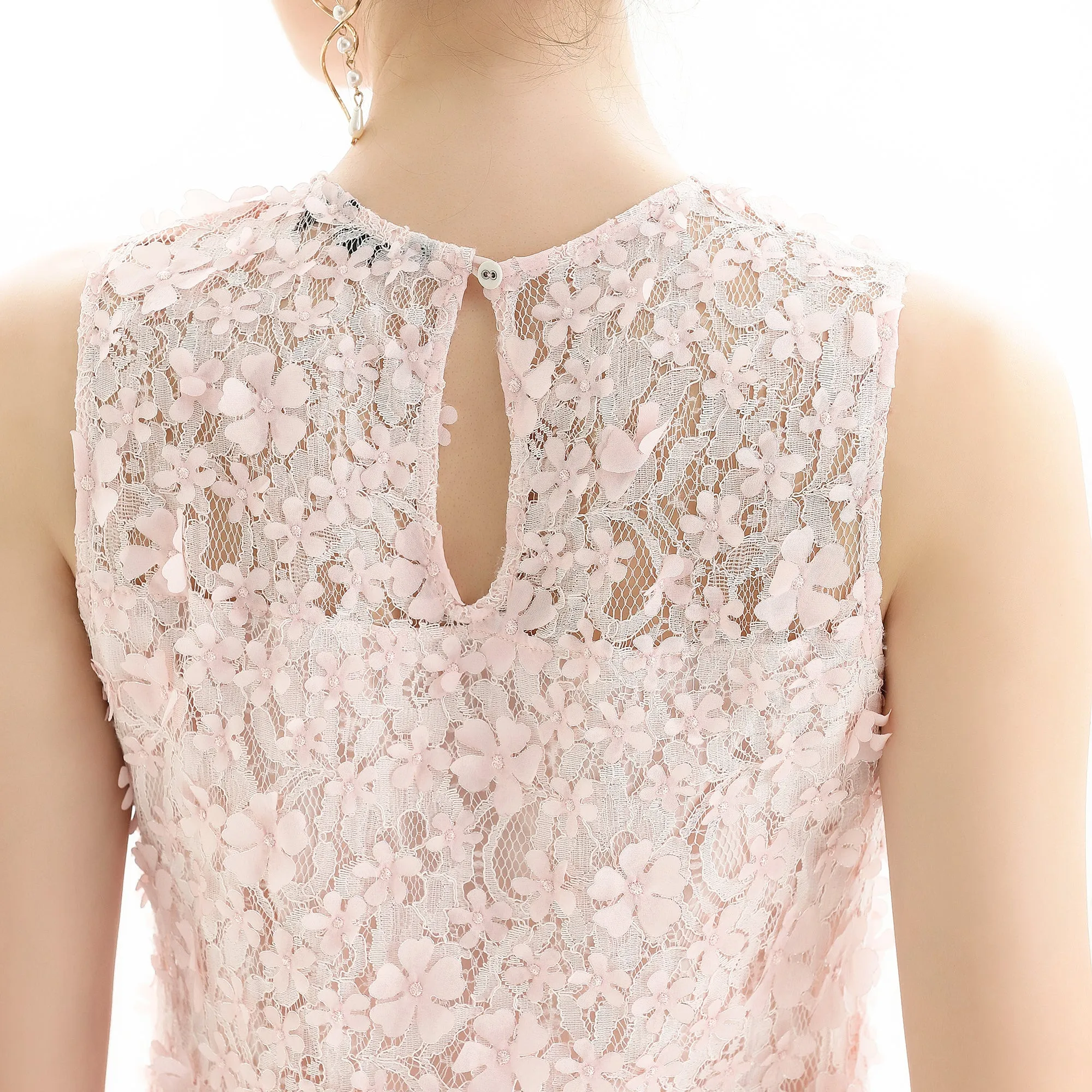 D117-1 Women 3D flower embroidered lace sleeveless straight-cut party midi dress