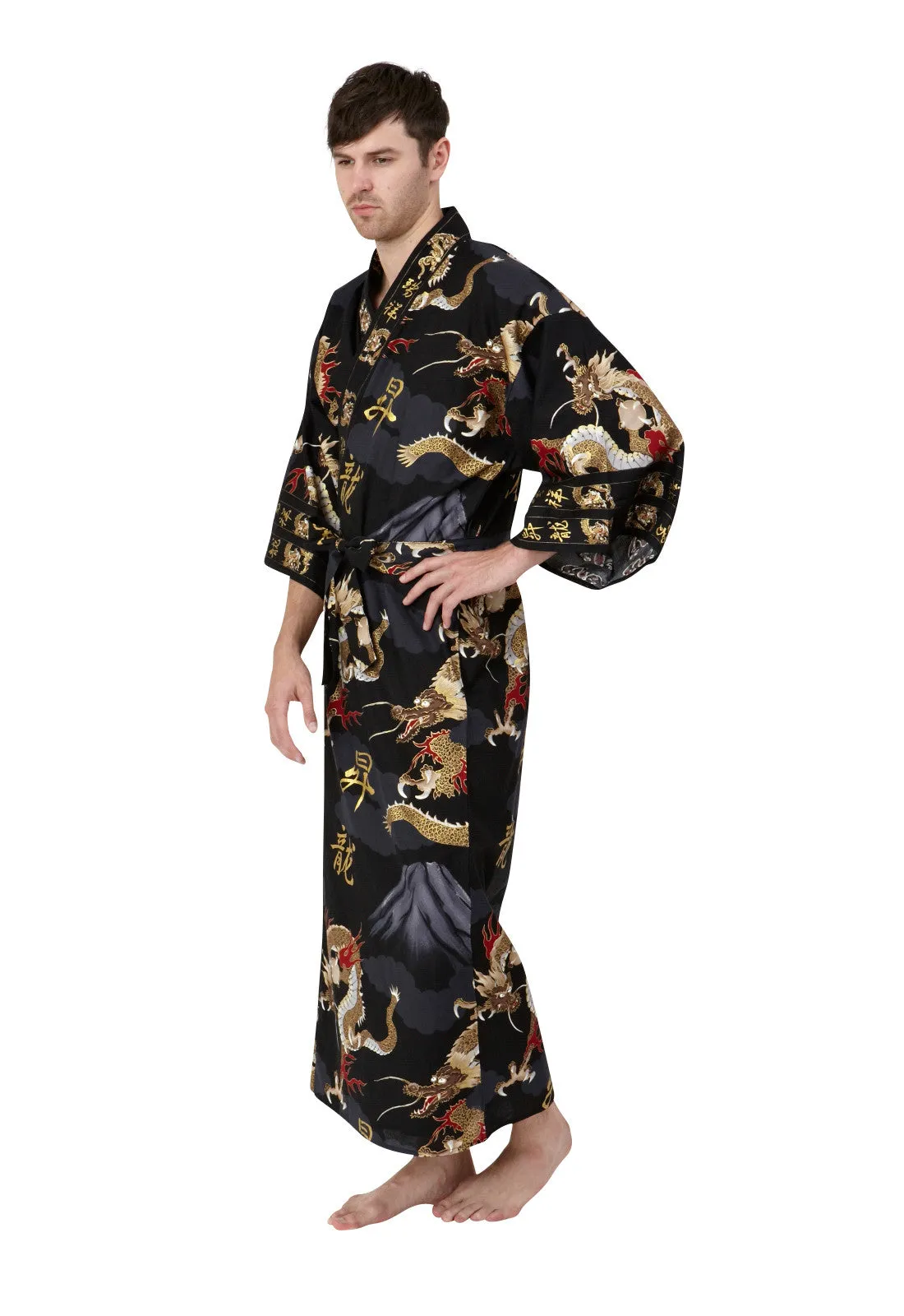 Dragon & Mt Fuji Cotton Plus Size Mens Kimono Black