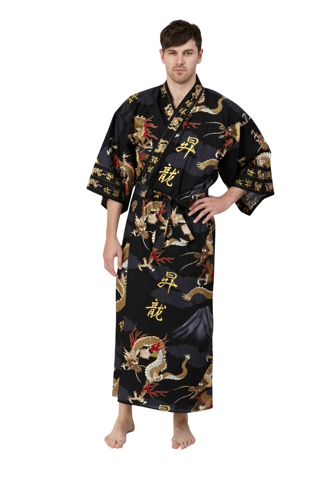 Dragon & Mt Fuji Cotton Plus Size Mens Kimono Black