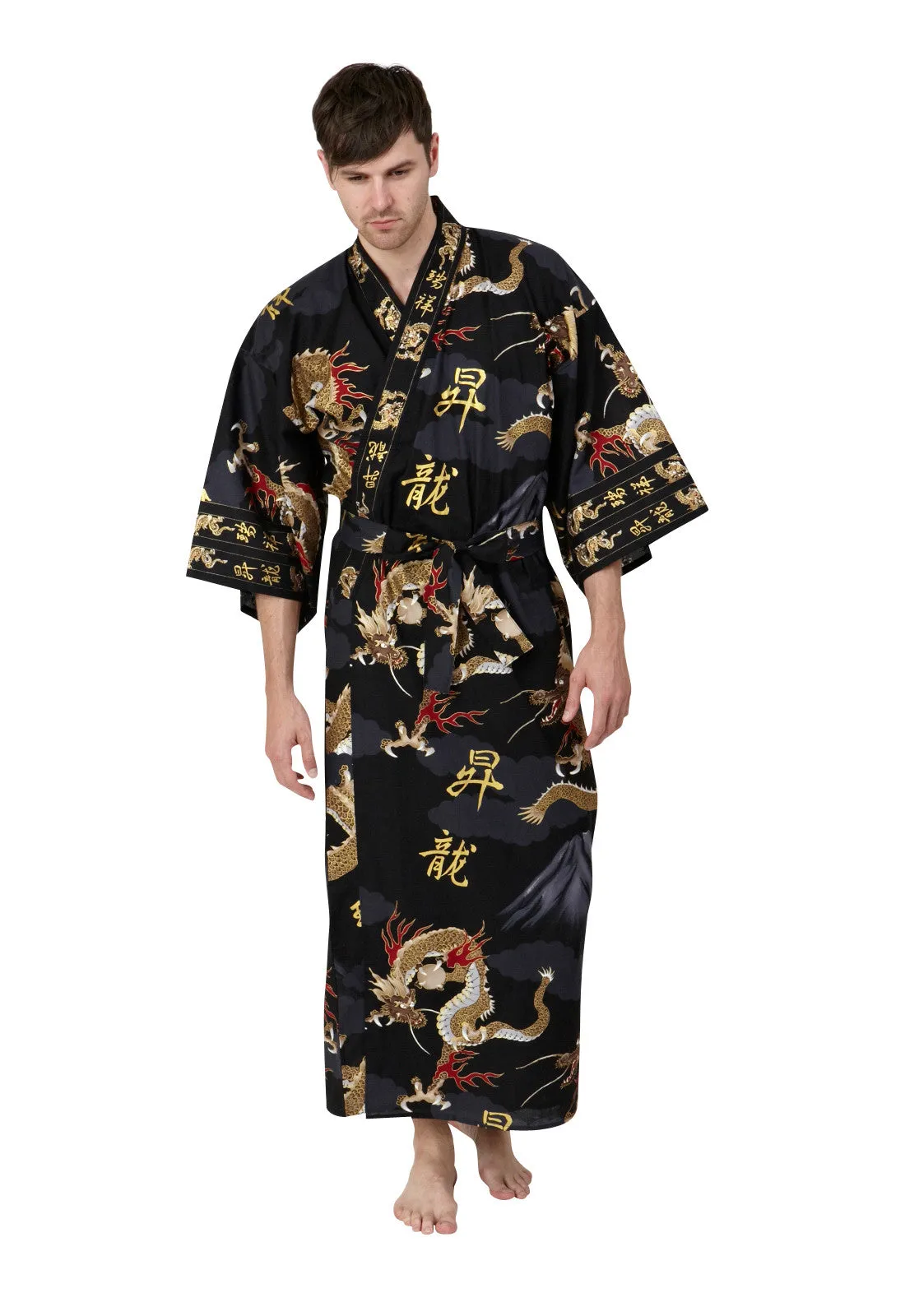 Dragon & Mt Fuji Cotton Plus Size Mens Kimono Black