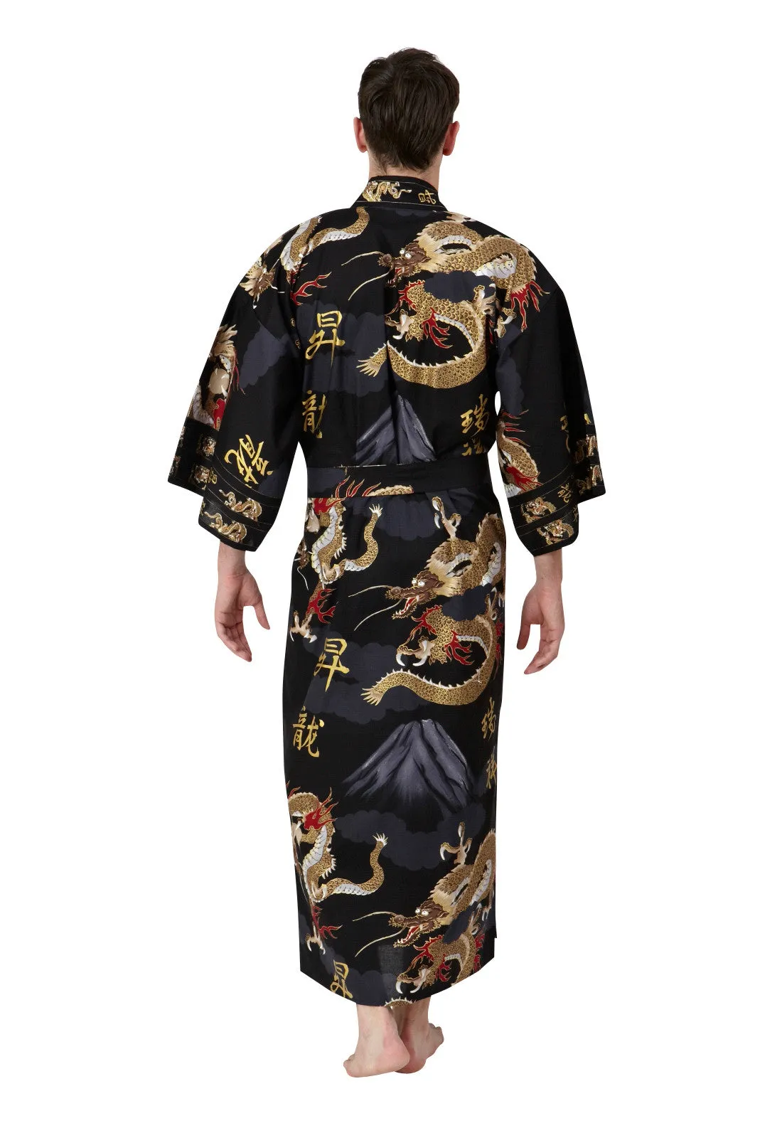 Dragon & Mt Fuji Cotton Plus Size Mens Kimono Black