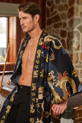 Dragon & Mt Fuji Cotton Plus Size Mens Kimono Black