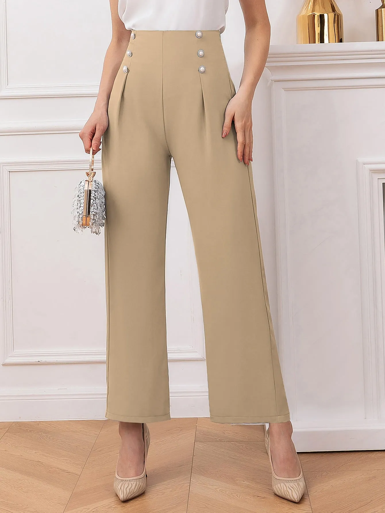 Elegant Plain Pearls High Waist Long Women Pants