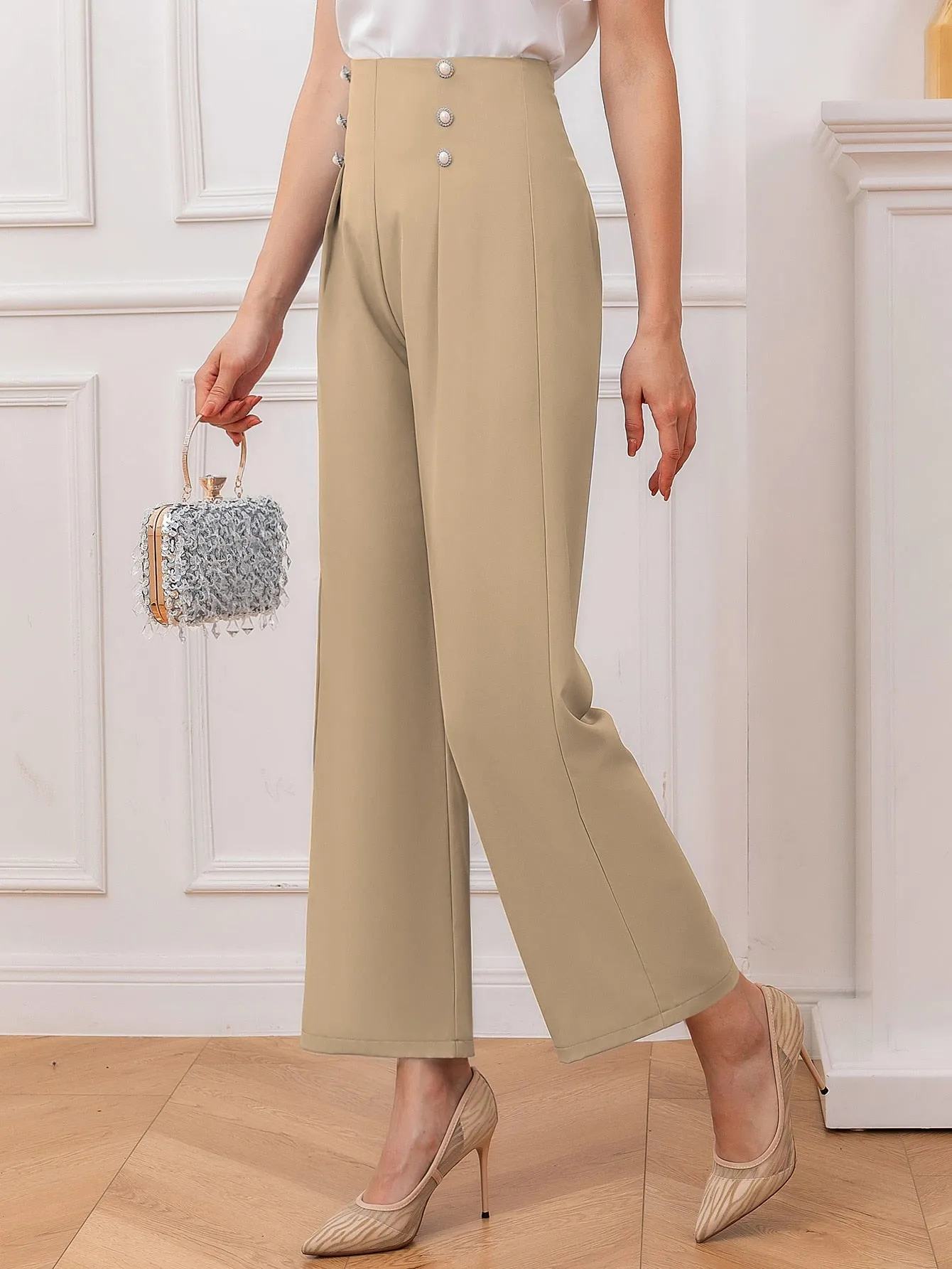Elegant Plain Pearls High Waist Long Women Pants