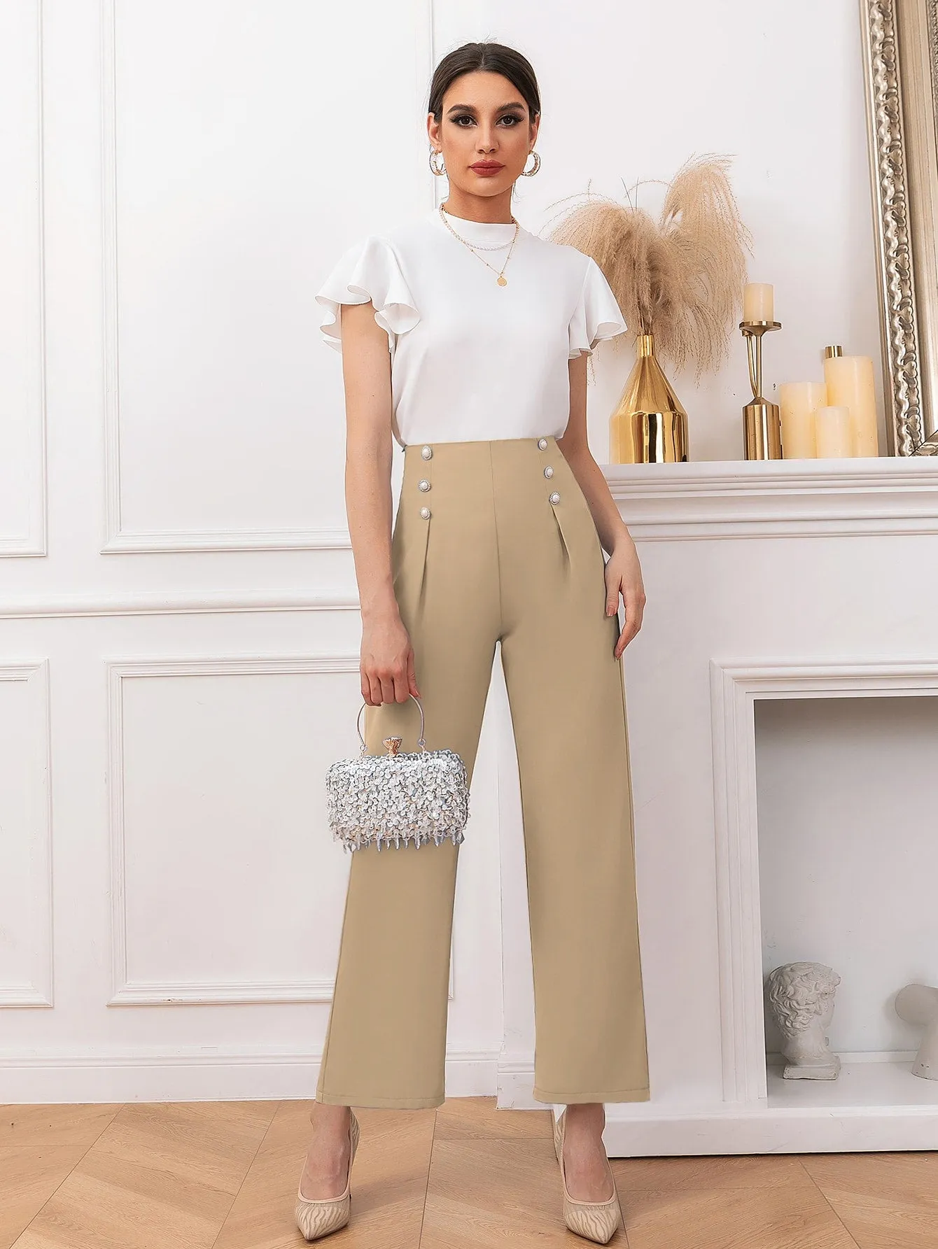 Elegant Plain Pearls High Waist Long Women Pants