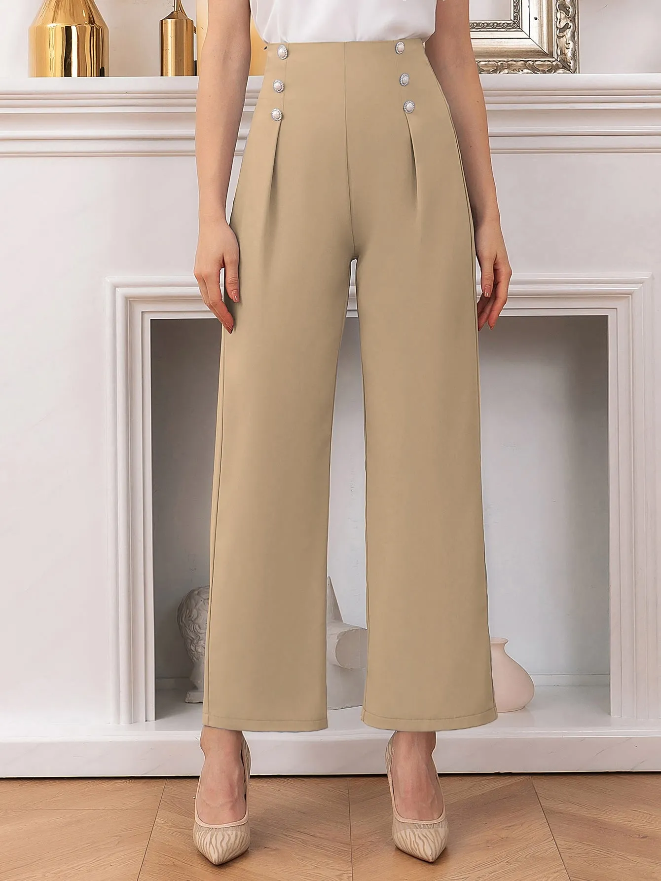 Elegant Plain Pearls High Waist Long Women Pants
