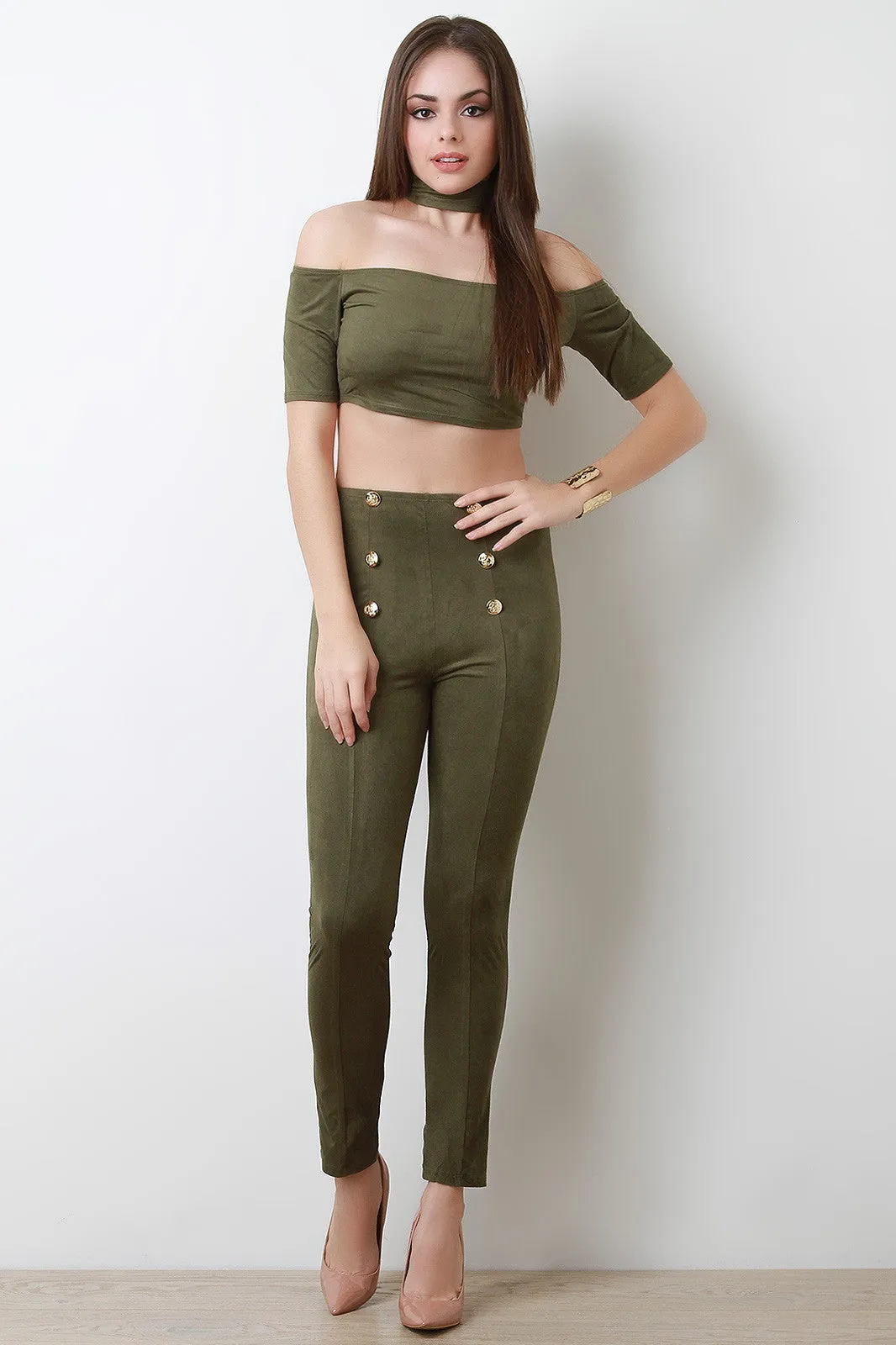 Faux Suede Double Button Pants