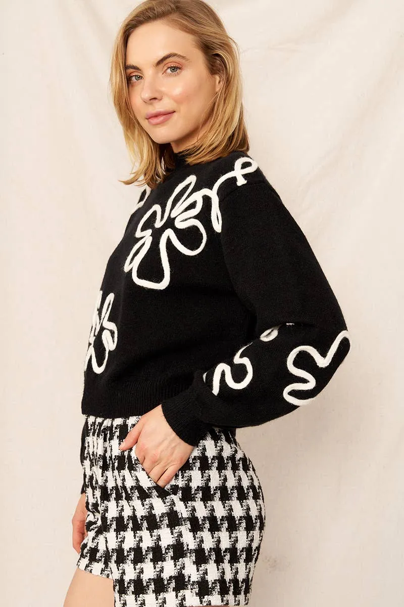 Floral Outline Mock Neck Sweater in Black