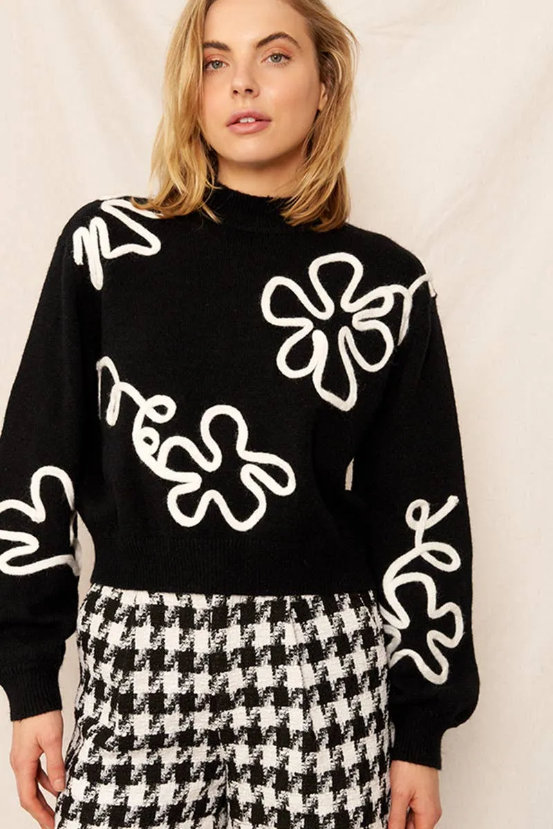 Floral Outline Mock Neck Sweater in Black