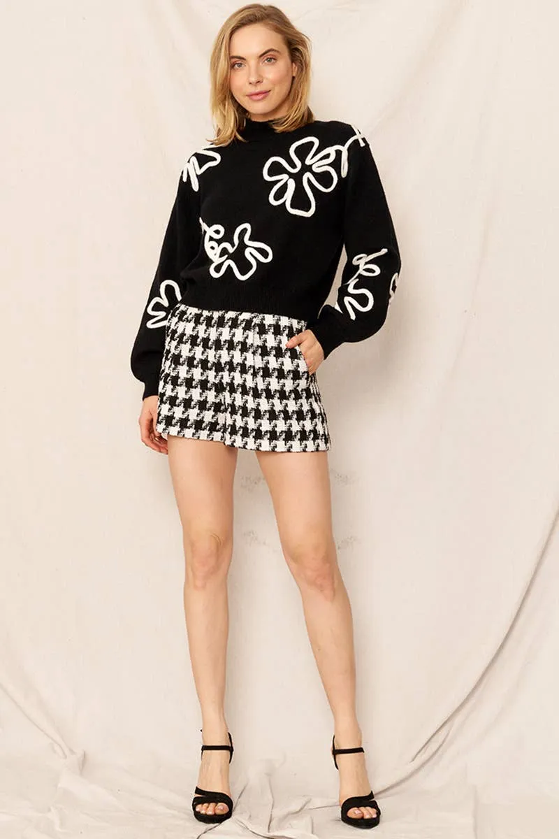 Floral Outline Mock Neck Sweater in Black