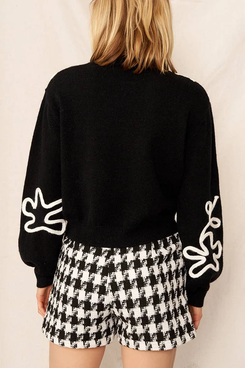 Floral Outline Mock Neck Sweater in Black
