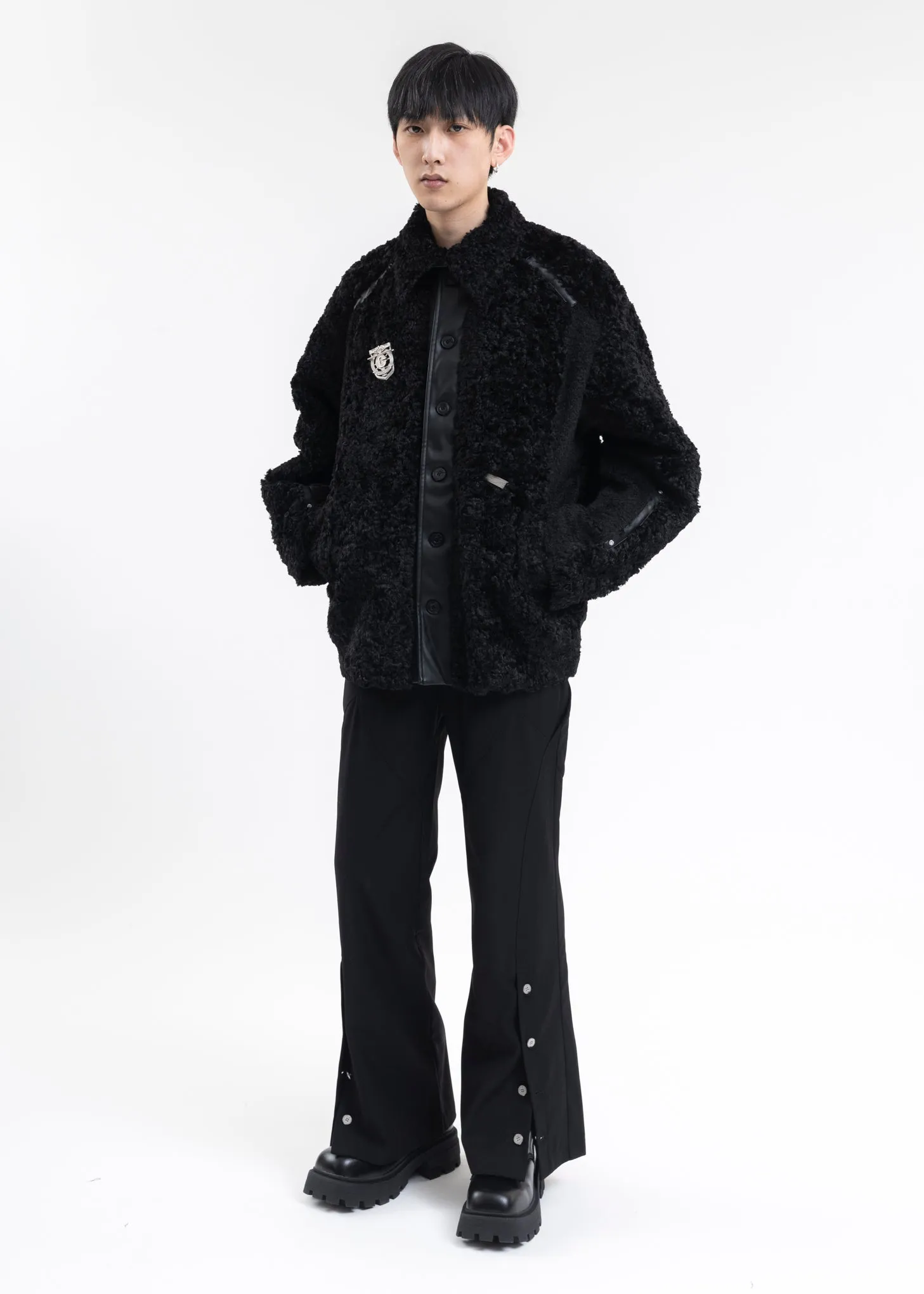 FUZZY BLACK PANELLED BERBER FLEECE COAT