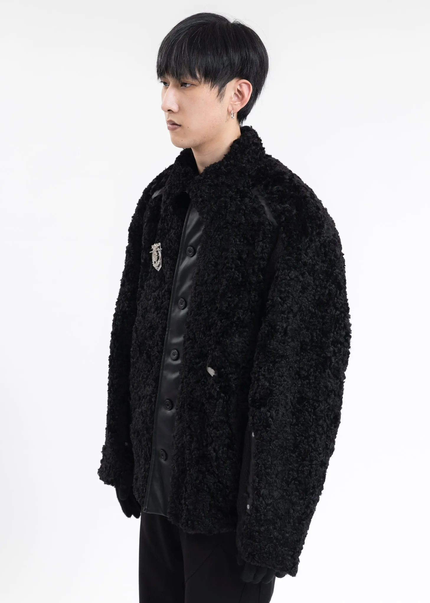 FUZZY BLACK PANELLED BERBER FLEECE COAT