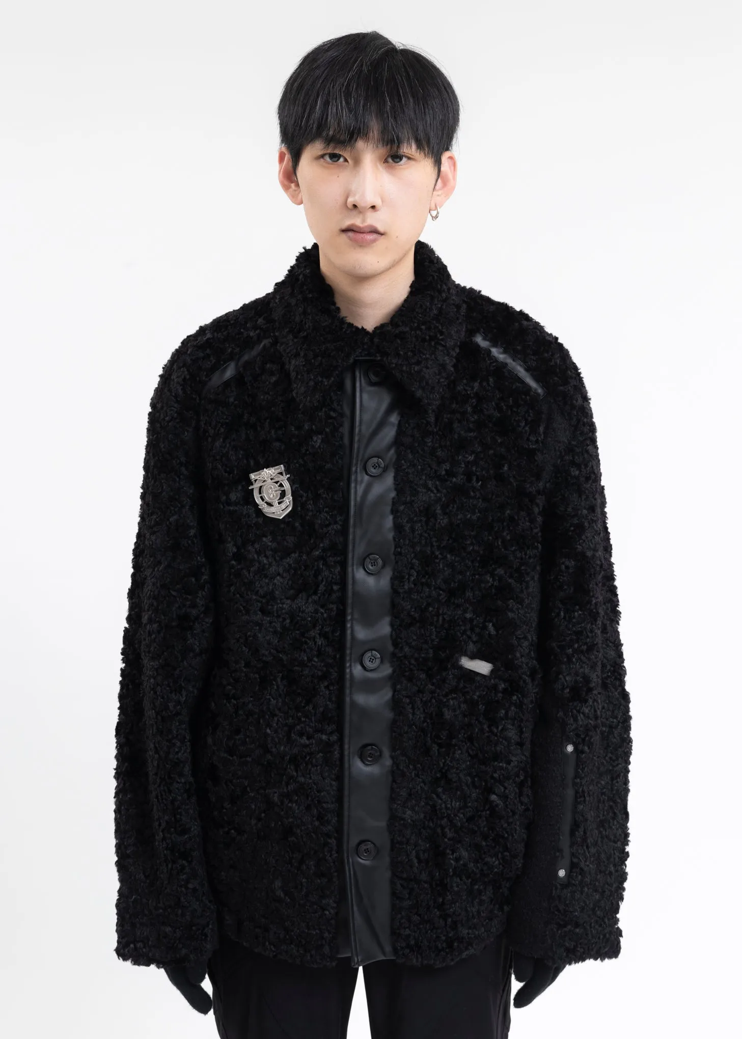 FUZZY BLACK PANELLED BERBER FLEECE COAT