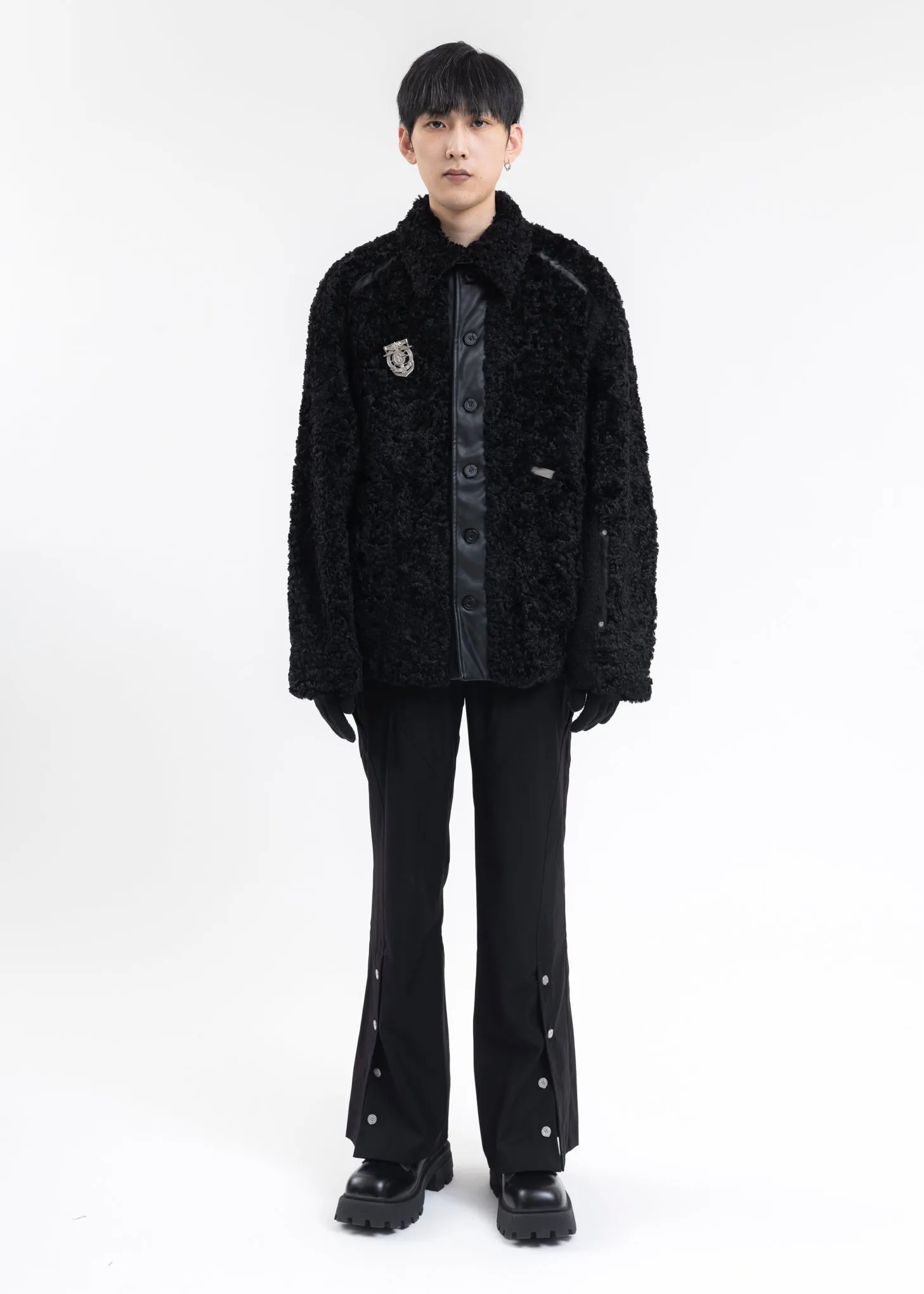 FUZZY BLACK PANELLED BERBER FLEECE COAT